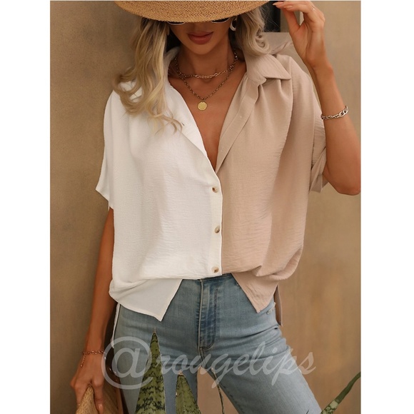 Loose Fitting Color Block 2 Tone Button Up Down Shirt Batwing Sleeve Tan Beige - Picture 5 of 7